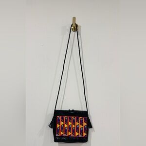 Vintage Black Genuine Woven Leather Beaded Tribal Pattern on Front Crossbody Bag